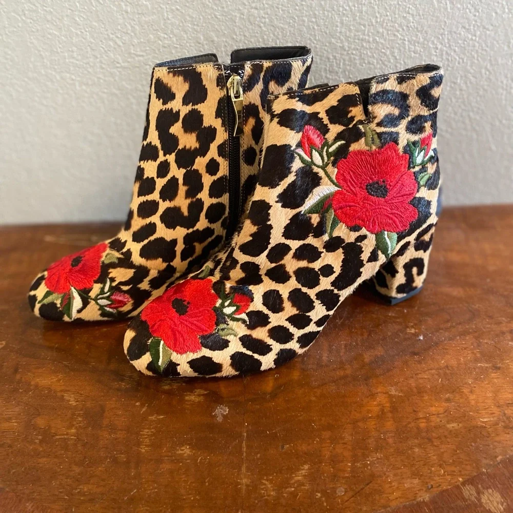 Kate Spade Langton Cow Hair Leopard Print Boots Red Floral Embroidered Accent
